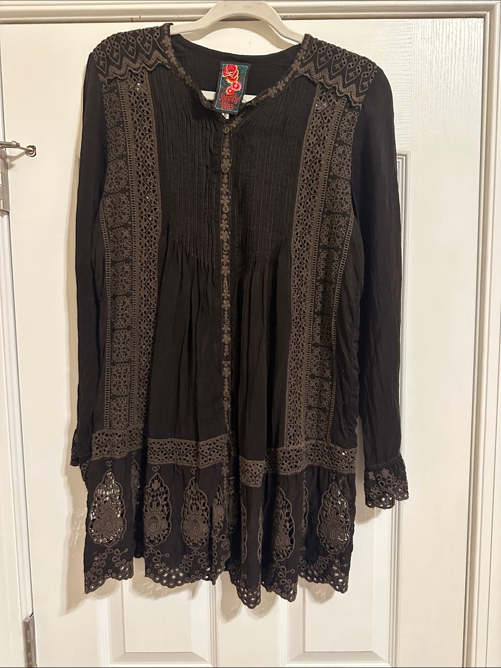 dark brown Johnny Was boho blouse featuring intricate floral embroidery